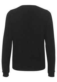 Suéter negro, de manga larga, con cuello redondo, puños y dobladillo acanalados. Tejido suave con textura lisa, sin patrones ni adornos visibles.