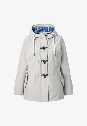 Lysegrå hættejakke med blå polkaprikket foer, hvide snoretræk, tre sorte klemme-lukninger og to frontlommer med klap.