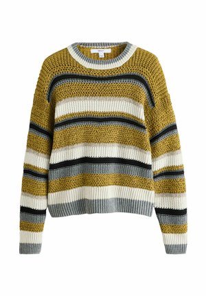 Maglione a righe lavorato a maglia con scollatura rotonda. I colori includono giallo senape, nero, blu navy, grigio e bianco. Bordo e polsini a coste. Finitura testurizzata.