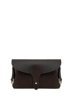 Small dark brown suede and leather clutch bag with a rounded flap and a central snap button closure.