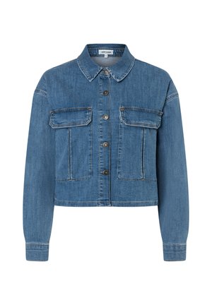 Blaue, kurze Jeansjacke mit langen Ärmeln, Knopfleiste vorne, aufgesetzten Brusttaschen mit Klappen und klassischem Kragen.