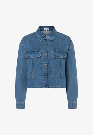 Blue cropped denim jacket with long sleeves, button front closure, flap chest pockets, and classic collar.