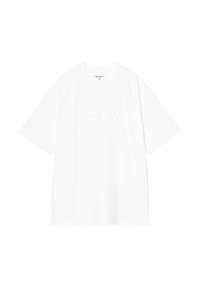 Biała bawełniana koszulka z krótkim rękawem, z teksturowanym logo "Carhartt" w subtelnym, wypukłym stylu na przodzie.