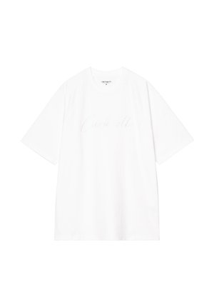 Biała bawełniana koszulka z krótkim rękawem, z teksturowanym logo "Carhartt" w subtelnym, wypukłym stylu na przodzie.