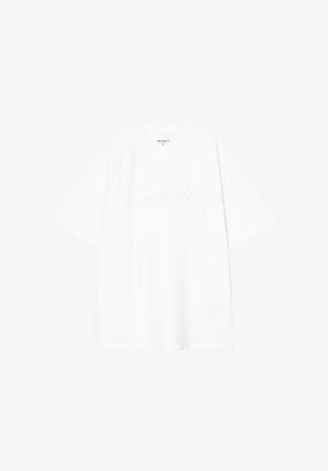 Biała bawełniana koszulka z krótkim rękawem, z teksturowanym logo "Carhartt" w subtelnym, wypukłym stylu na przodzie.