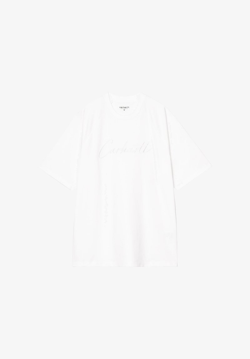 Biała bawełniana koszulka z krótkim rękawem, z teksturowanym logo "Carhartt" w subtelnym, wypukłym stylu na przodzie.
