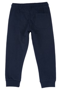 Marinblå sweatpants med elastisk midja, mudd vid anklarna och en bakficka. Tillverkad av mjukt bomullstyg med en slät textur.