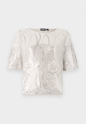 Korte mouwen, crèmekleurig top met een pailletten golfpatroon en metallic accenten. Ronde halslijn met een gladde textuur en een comfortabele pasvorm.