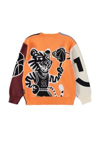 Genser med en tegneserie-tiger i basketballuniform som snurrer en basketball, oransje front, kastanjefarget venstre erme med basketball, kremfarget høyre erme med nummer 1.