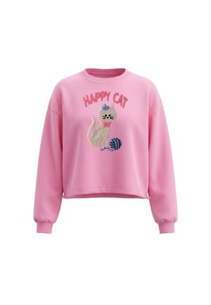 Pink langærmet sweatshirt med broderet grå kat iført hat og butterfly ved siden af en blå garnnøgle, tekst "HAPPY CAT" ovenover.