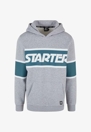 Gray hooded sweatshirt with a teal and white striped design featuring "STARTER" in bold white letters. Includes a front pocket and ribbed cuffs.
