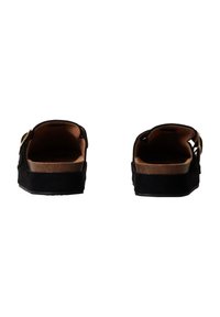 Black slide sandals with cork footbeds, featuring adjustable straps and a textured surface. Open back design for easy wear.