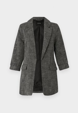 Sivi sako s teksturom, s ovratnikom sa prorezom, dva prednja džepa i rukavima do tri četvrtine; unutrašnjost sadrži glatku crnu podstavu.