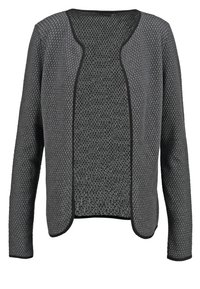 Cardigan gris ouvert devant avec motif nid d'abeille texturé et bordure noire le long des bords et des poignets, manches longues, tissu tricot léger.