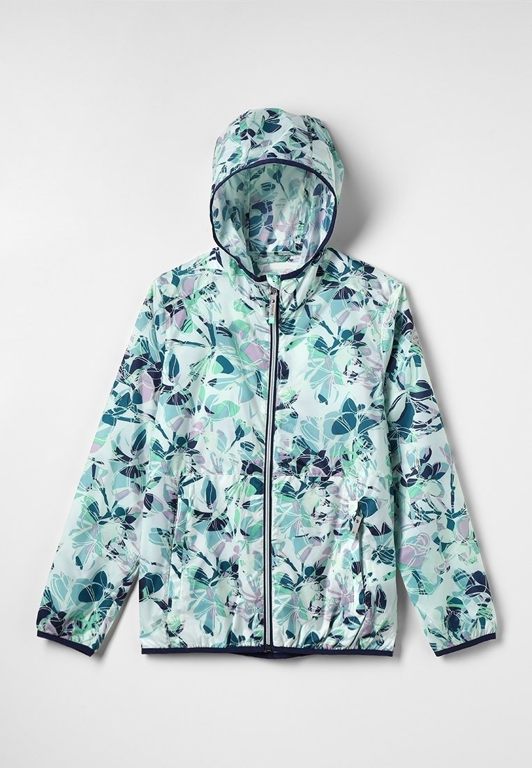Veste à capuche bleu clair avec fermeture éclair sur toute la longueur à l'avant et motif floral en vert, marine et violet, avec des poignets et un ourlet élastiques.