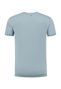 Lichtblauw kortemouw gebreide T-shirt, gemaakt van zachte materialen, met een ronde halslijn en een geribbelde zoomafwerking.