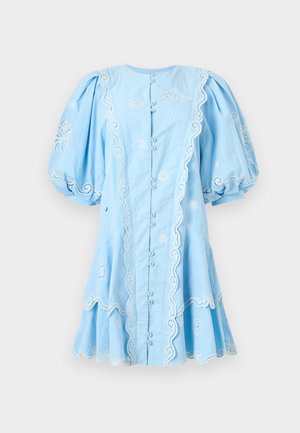 Light blue dress with puffed sleeves, white embroidered sun, moon, and cloud motifs, scalloped edges, and front buttons.