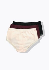 Conjunto de tres pares de braguitas de algodón de talle alto en color rosa suave, burdeos y negro, con encaje en los bordes de las piernas.
