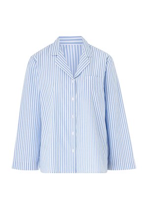 Blå og hvid stribet kortærmet skjorte med notched krave, frontknapper og en brystlomme, lavet af et letvægtsstof.