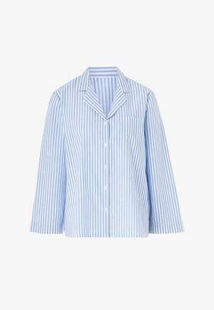 Blå og hvid stribet kortærmet skjorte med notched krave, frontknapper og en brystlomme, lavet af et letvægtsstof.