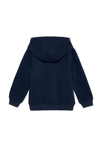 Navyblaues Hoodie aus weichem Stoff. Verfügt über eine Kapuze, lange Ärmel, gerippte Bündchen und einen gerippten Saum. Glatte Textur, minimalistisches Design.
