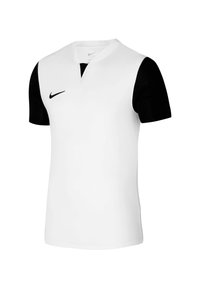 Maglietta sportiva bianca a maniche corte con maniche nere, design a V, con un piccolo logo Nike nero sul lato sinistro del petto. Tessuto morbido.