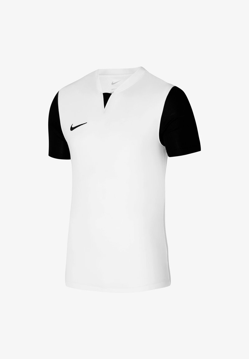 Witte sportshirt met korte mouwen, zwarte mouwen, en een V-hals ontwerp. Bevat een klein zwart Nike-logo op de linkerborst. Zachte stoffen structuur.