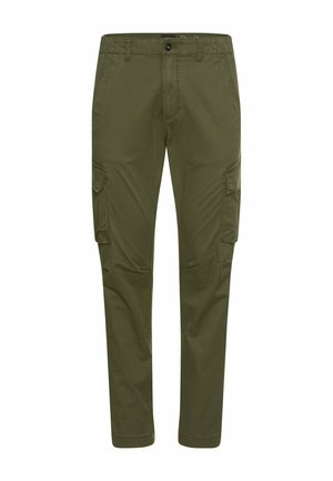 Olivegrüne Cargo-Hosen aus leichtem Stoff mit mehreren Seitentaschen und tailliertem Bein. Glatte Textur mit einem Knopfverschluss.