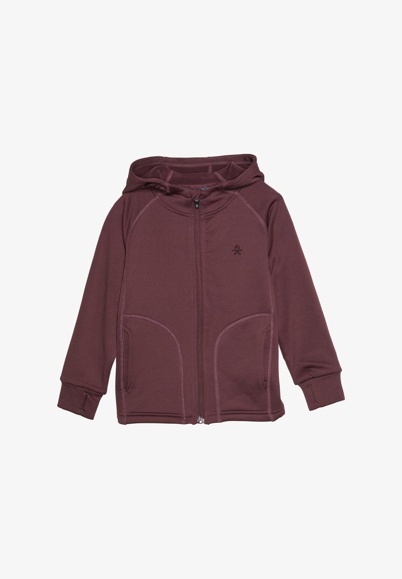 Bordeaux zip-up hoodie med huva, långa ärmar och två sidofickor. Mjukt tyg med kontrasterande sömmar och en liten logotyp på bröstet.