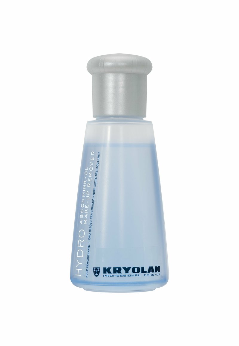 Hydro-Make-up-Entferner in einer durchsichtigen blauen Kunststoffflasche mit einem silbernen Deckel, auf dem Produktdetails und ein Logo am Boden aufgedruckt sind.