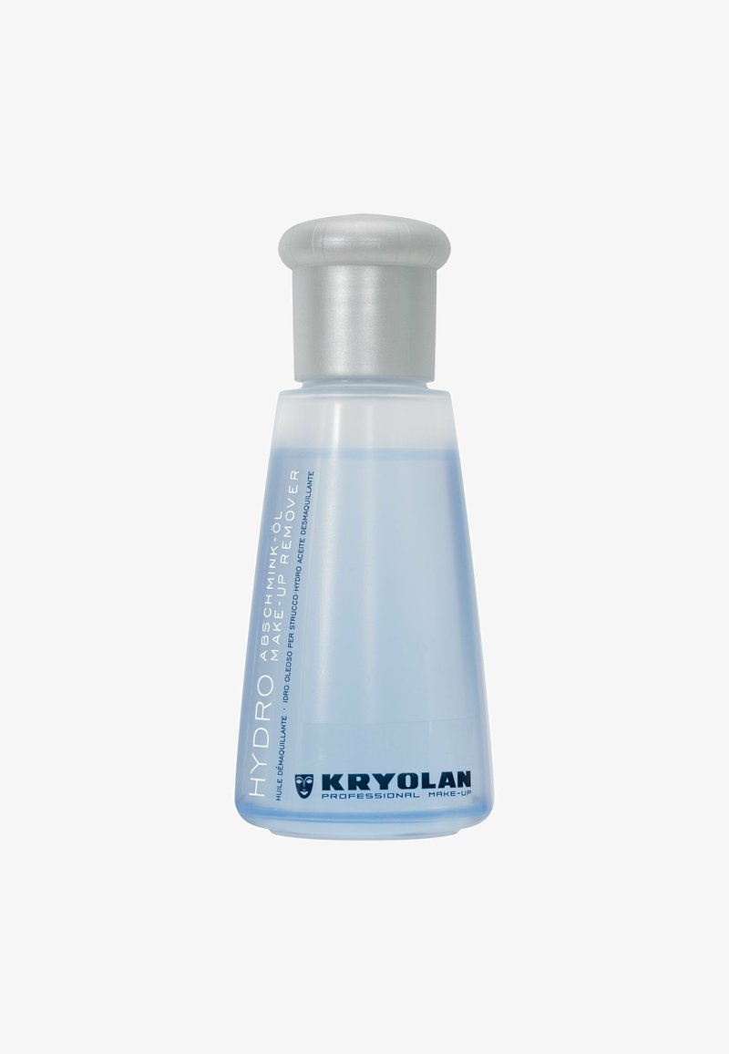 Hydro make-up remover in a translucent blue plastic bottle with a silver cap, featuring printed product details and a logo at the base.
