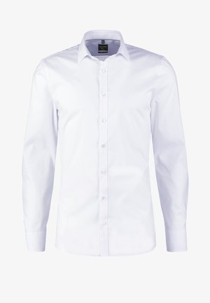 White long-sleeve shirt made of smooth fabric, featuring a classic collar, button closure, and tailored fit with clean lines.