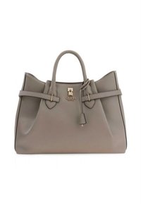 Borsa a mano in ecopelle grigia con due manici superiori, dettagli in oro, fiocchi decorativi e design strutturato con lati appuntiti.