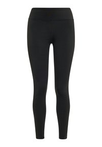 Schwarze Leggings aus dehnbarem Material, mit hohem Bund, körpernaher Passform, glatter Textur und ohne sichtbare Muster oder Akzente.