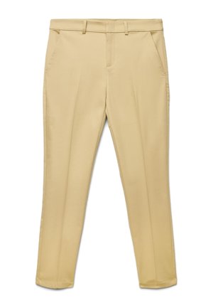 Pantaloni beige aderenti con passanti per cintura, tasche anteriori e cuciture visibili, distesi su uno sfondo bianco.