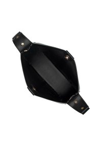 Black leather handbag with a structured design, interior clean, smooth texture, and metallic hardware accents on sides.