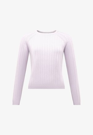 Jasnofioletowy sweter prążkowany z długimi rękawami, okrągłym dekoltem i dopasowanym krojem. Posiada fakturowany materiał oraz prążkowane mankiety i dół.