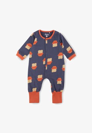 Pajamas navy a maniche lunghe con dettagli rossi; presenta un motivo di orsi e cappelli; realizzato in tessuto morbido; chiusura a scatto sulla parte anteriore e sulle gambe.