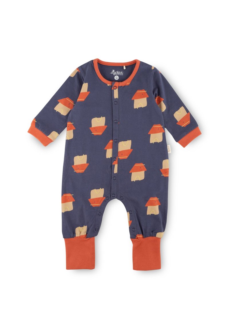 Navy long-sleeve onesie with red accents; features bear and hat pattern; made of soft fabric; snap closure down the front and legs.