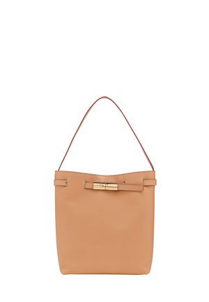 Tan leather handbag with a curved top, thin brown strap, and gold hardware. Features two side straps and a smooth texture.