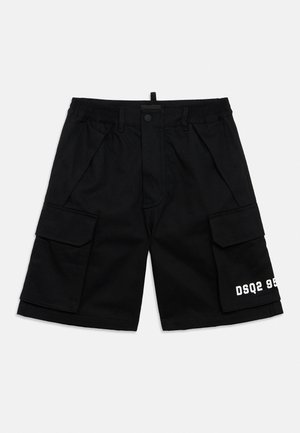Black cargo shorts with elastic waistband, button and zipper front, side flap pockets, and white "DSQ2 95" text on the left leg pocket.