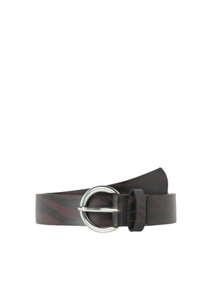 Dark brown leather belt with subtle tiger stripe pattern and a silver round buckle, coiled against a white background.