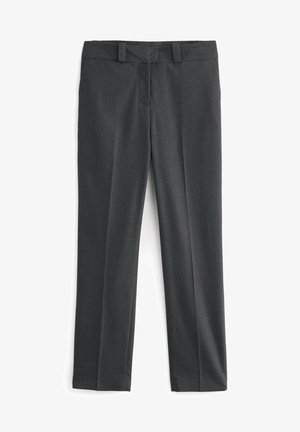 Tumed hallid püksid, mis on kohandatud sobivusega, siledast kangast, lame ees, ja kahe esikotiga. Pole nähtavaid mustreid või kaunistusi.