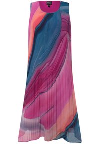 Vestido sin mangas en tejido ligero y plisado, con patrones abstractos en tonos de rosa, azul y naranja, y con un escote redondo.