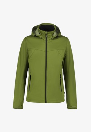 Veste softshell verte à capuche, dotée d'une fermeture éclair noire et de poches latérales zippées, avec des poignets réglables et un col montant.