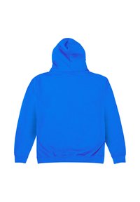 Felpa blu con cappuccio stesa, che mostra il retro con maniche lunghe e polsini e orlo a costine.