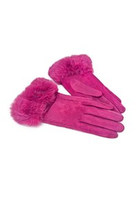 Guanti in suede rosa con un polsino in pelliccia. Caratteristiche includono dettagli di cucitura e una superficie liscia, progettati per calore e comfort.