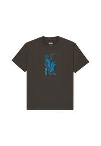 Donkergrijze katoenen t-shirt met een blauwe grafische tijgerafbeelding op de voorkant, ronde hals en korte mouwen.