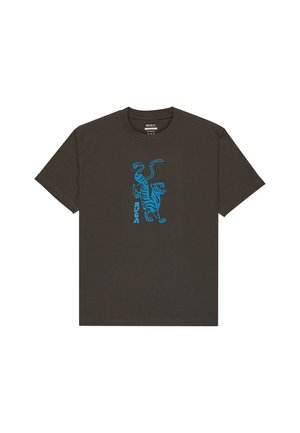 Donkergrijze katoenen t-shirt met een blauwe grafische tijgerafbeelding op de voorkant, ronde hals en korte mouwen.