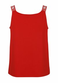 Rotes ärmelloses Oberteil aus weichem Stoff. Verfügt über breite Träger mit dem Text "LINE". Einfaches, geradliniges Design ohne zusätzliche Muster.